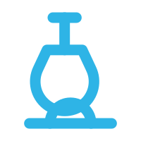 Ícone em traço fino outline de um microscópio de pesquisa científica, cor ciano, sobre fundo em gradiente azul marinho